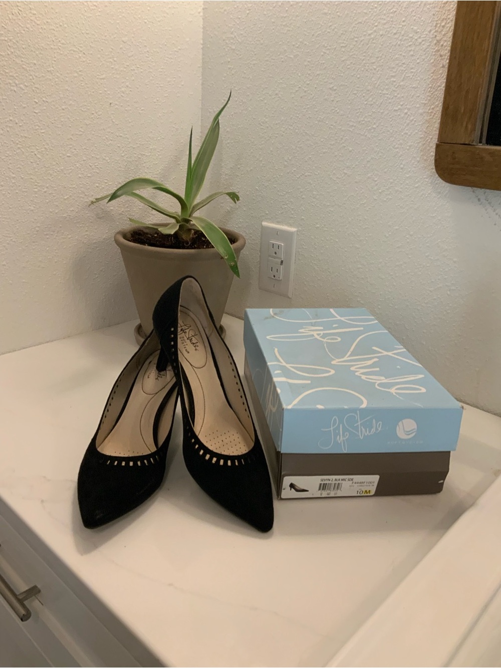 Life Stride Black Pointed Toe Suede Pumps with Perforated Trim